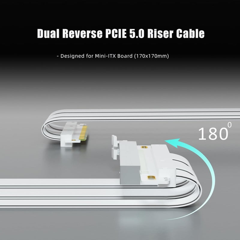 GLOTRENDS كابل ريسير مزدوج عكسي PCIE 5.0 للوحة الأم Mini-ITX (170x170mm) ، جاهز لوحدة معالجة الرسوم RTX5090(Ti) RX9070(XT) ، الطول 185mm ، لون أبيض - Image 3